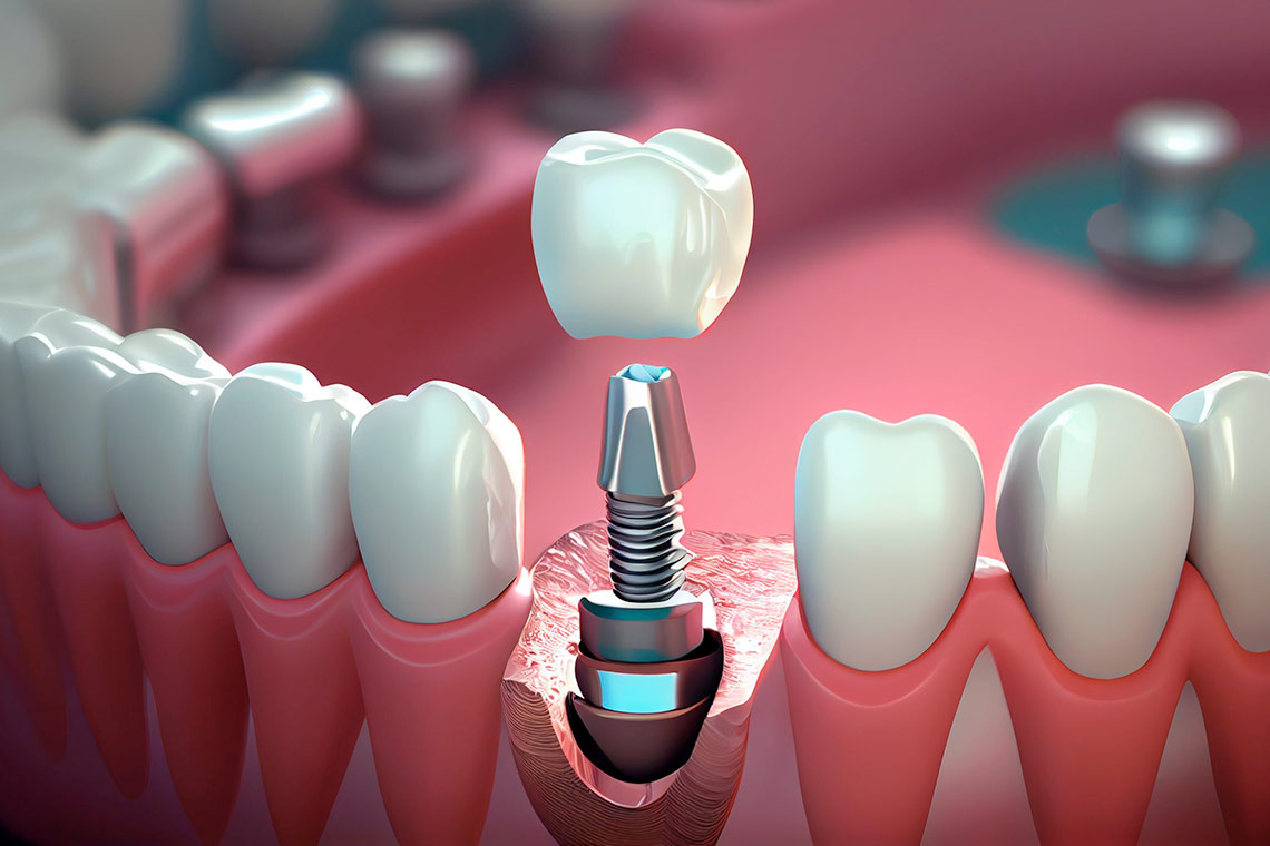 3D illustration of a dental implant with crown being placed in the jaw at Supreme Elite Clinic